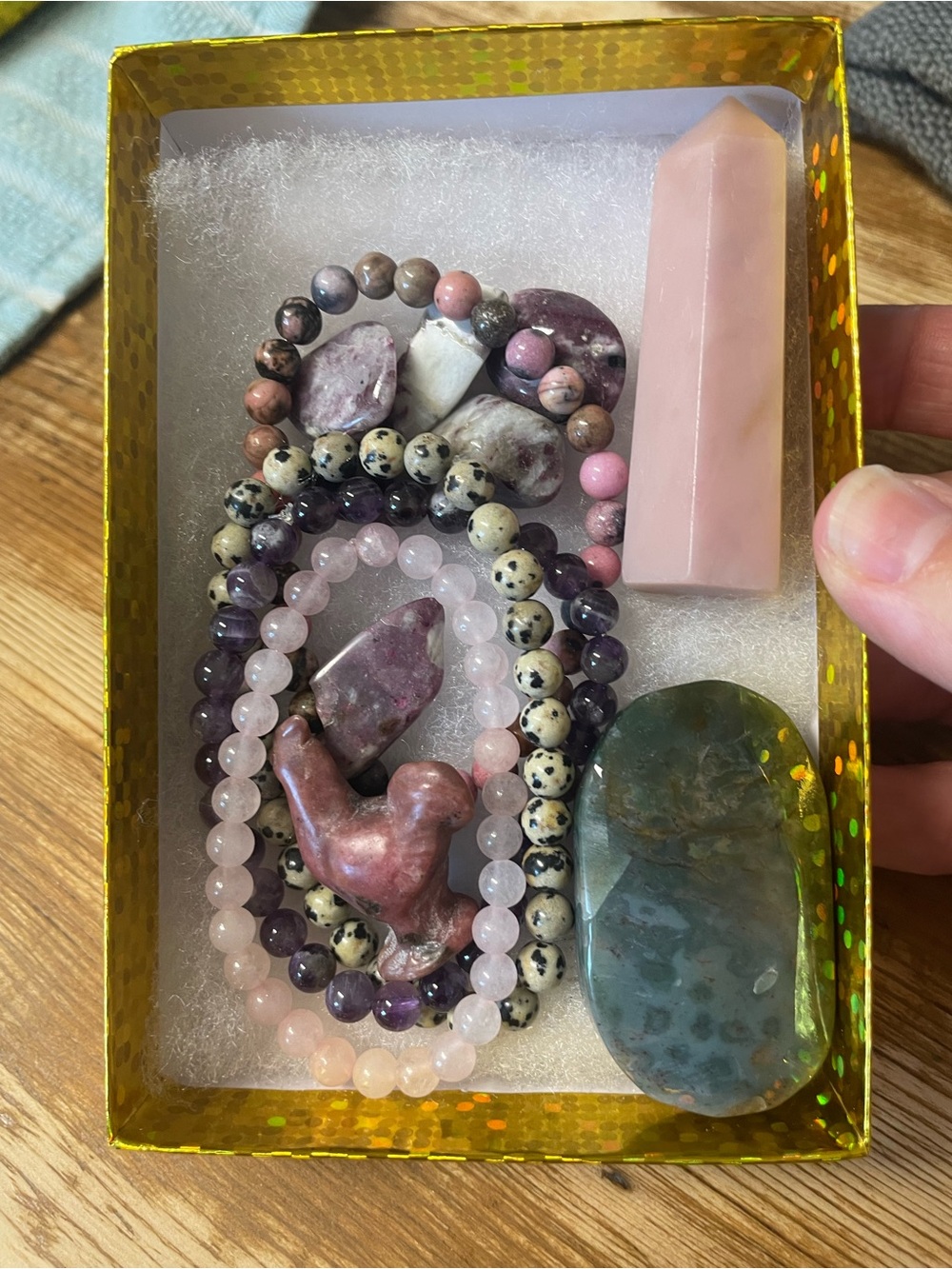 Polished Crystal towers, Palm stones, carvings, and bracelet goodie gift box